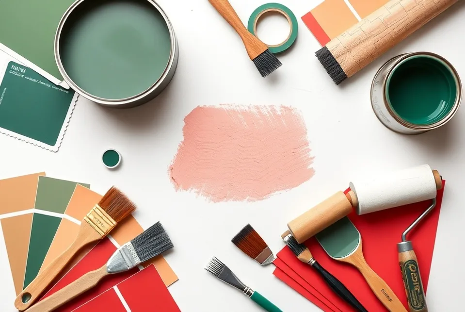 Pots de peinture, nuancier, brosses et rouleaux disposés à plat