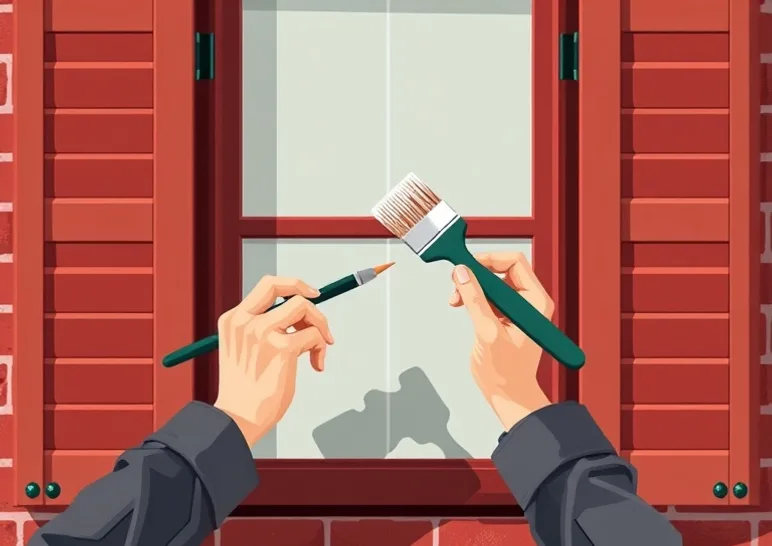 Mise en peinture au pinceau de volets et d'encadrements en bois