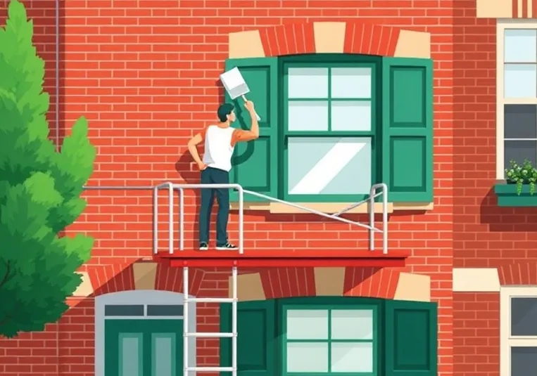 Peintre sur échafaudage traitant la façade d'une maison